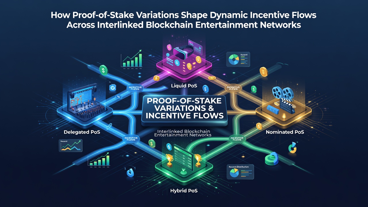 Illustration von Proof-of-Stake-Mechanismen in vernetzten Blockchain-Unterhaltungsnetzwerken mit Token-Flüssen und Anreizstrukturen