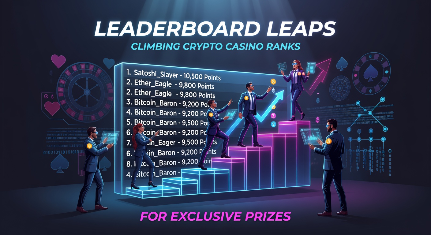 Spieler klettern eine virtuelle Leiter in einem Krypto-Casino-Leaderboard, umgeben von blinkenden Kryptowährungs-Symbolen und Preisen
