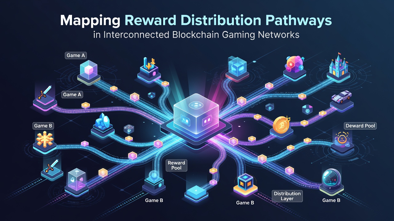 Darstellung der Belohnungsverteilungswege in vernetzten Blockchain-Gaming-Netzwerken