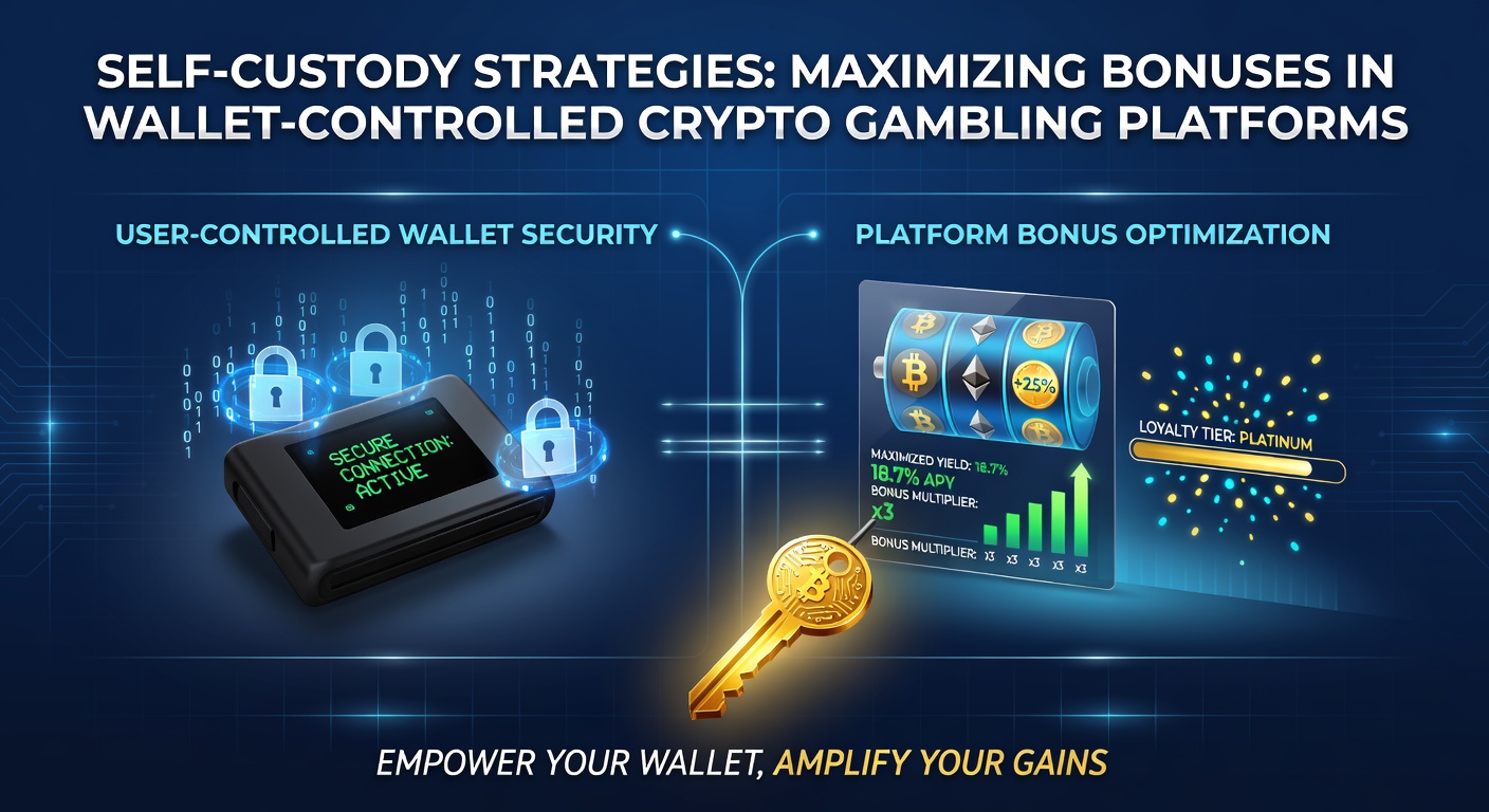 Grafik einer dezentralen Wallet, die mit einem Krypto-Casino verbunden ist und Bonus-Symbole anzeigt, symbolisiert Selbstverwahrung und Bonus-Optimierung
