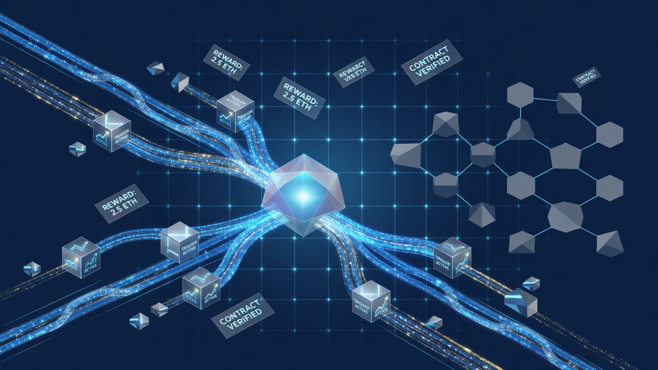 Smart-Contract-Oracles in dezentralen Wettnetzwerken visualisiert durch vernetzte Blockchain-Datenströme